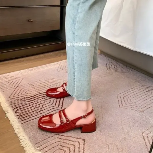 Classic Red Mary Jeans Woman Patent Leather Med-High Heels Sandals Two Buckle Belt Strap Shoes Femme Slingback Lolita Footwear - AliExpress 322 - Image 6