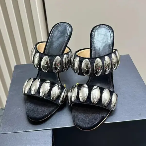 2025 Summer Brand Metal Decor Women Slippers Sandals Fashion Banquet Rivet Stiletto high Heels Suede Pumps Female Mules Slides - AliExpress 322 - Image 2