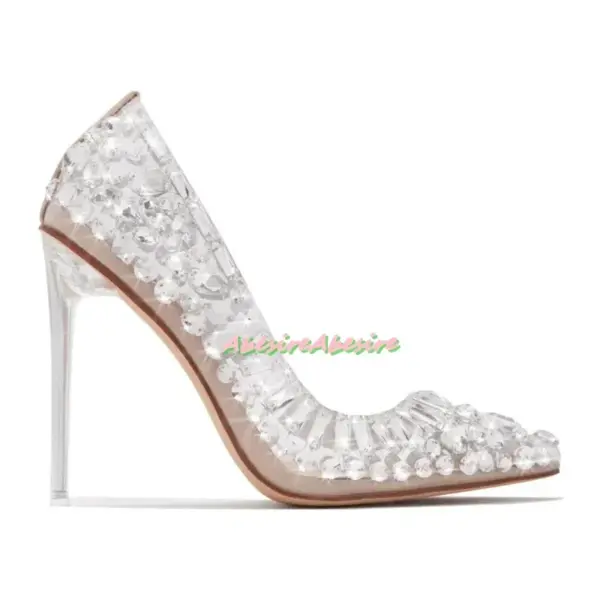 Luxury Rhinestones Decorated High Heels Clear Pvc Pointed Stilettos Pink Pumps Summer Elegant Sexy Shiny Crystal Wedding Shoes - AliExpress - Image 6