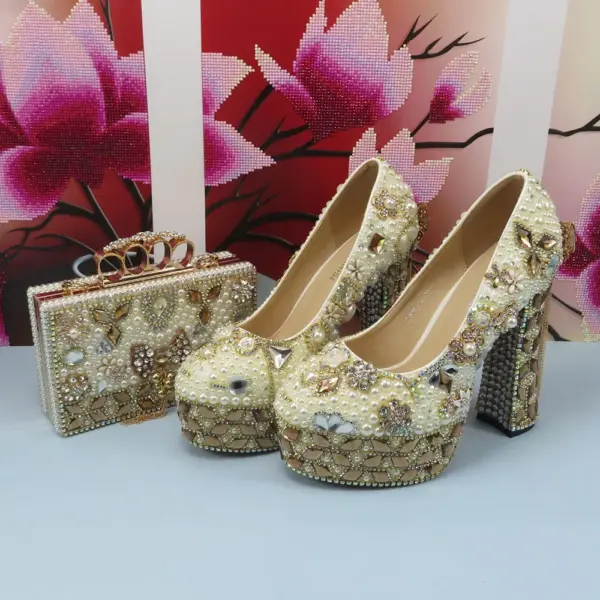 Fashion Champagne Gold Wedding Shoes and bag Set Woman 14cm High Pumps Thick Heel Party Shoes Matching Bag Round Toe Pumps - AliExpress 322 - Image 2