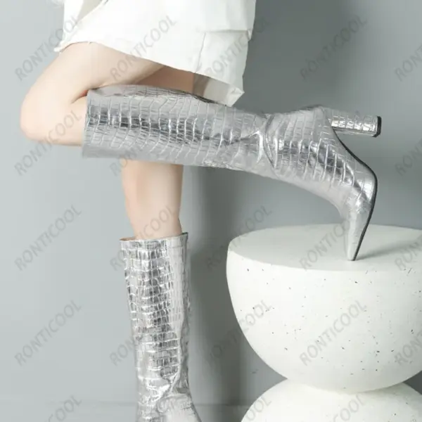 Ronticool Handmade Women Winter Knee Boots Stone Pattern Slip On Chunky Heels Pointed Toe Gold Silver Shoes Plus US Size 5-15 - AliExpress 322 - Image 5