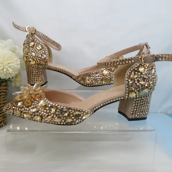 Customized Champagne Golden crystal women Wedding shoes Rhinestone high heels ankle strap shoes women party dress shoes - AliExpress 322 - Image 6