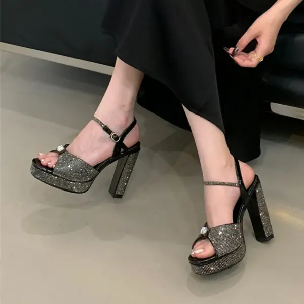 Liyke Elegant Woman Wedding Party Shoes Sexy Thick Bottom Square Toe Crystal Rhinestone High Heels Platform Sandals Women Silver - AliExpress 322 - Image 4