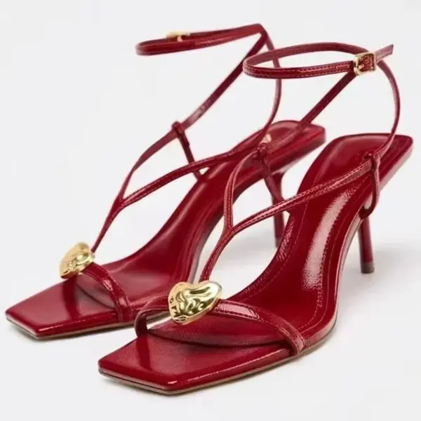 Red Sexy Metal Buckle High Heels Women Fashion Ankle Strap Wedding Party Shoes Ladies Square Toe Elegant Brand Sandals Women - AliExpress 322