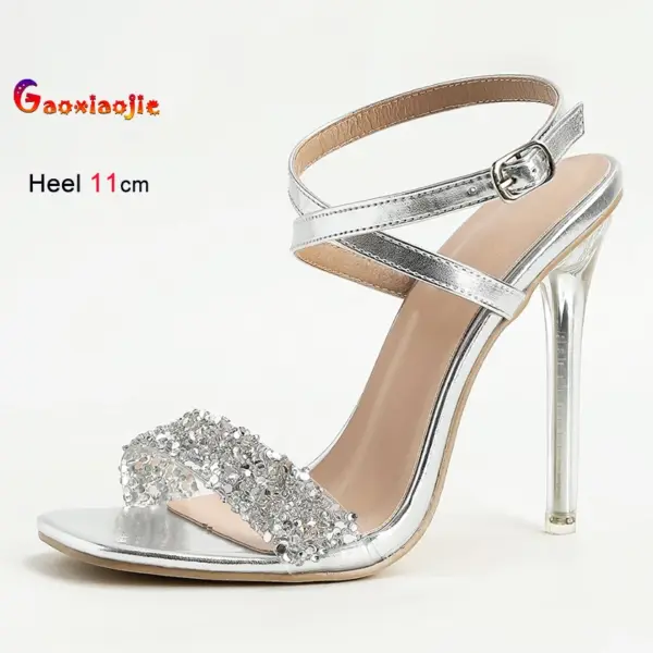 2025 Europe And America Super High Heels Women's Sandals Transparent Thin Heel Square Head Rhinestone Cross Tied Silver Sandals - AliExpress 322 - Image 6