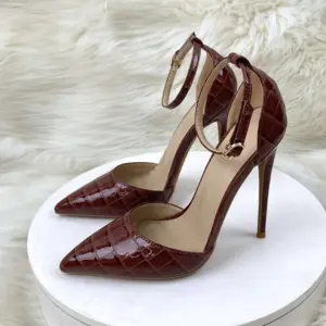 New Brown Patent Leather Women Ankle Strap Stiletto Pumps Pointed Toe Sexy 12cm High Heel Shoes 8cm 10cm QP250 - AliExpress 322
