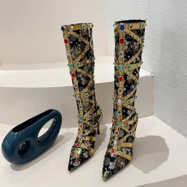 Liyke Runway Fashion Color Gem Knee High Boots Women Handwork Embroider Sexy Pointed Toe Zip Party Stripper Heels Shoes Booties - AliExpress 322 - Image 5