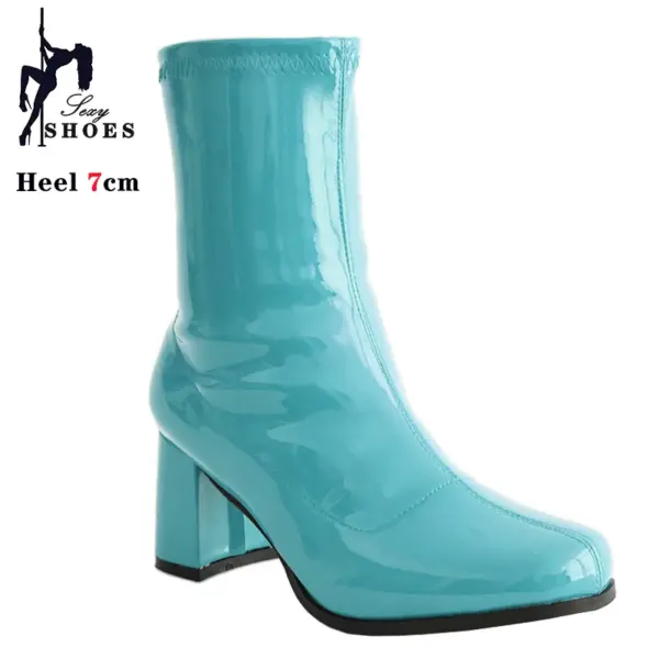 New 7cm High-heeled Cross Dressing Shoes Gogo Boots 60s 70s Square Heel Ankle Boots Sexy Round Toe Leather Zip Women Short Boots - AliExpress 322 - Image 2