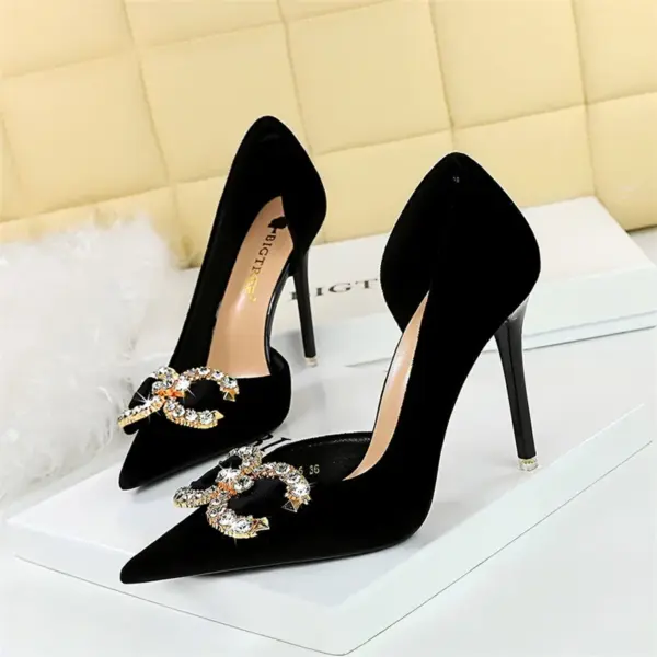 Fashion Women High Heel Rhinestone Buckle Bow Green Pink Pointed Toe Party Pumps Velvet Luxury Elegant Wedding Evening Shoes - AliExpress 322 - Image 3