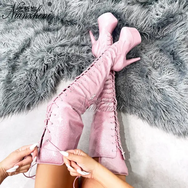 Glitter Real photos 7 inch High Heels pole Dance 17cm over the Knee Long Boots Platform Exotic Stripper Red Cross dressing Sexy - AliExpress 322 - Image 6