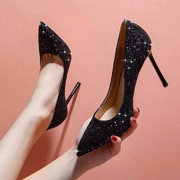 9cm Super High Heels Shoes 2025 Sequin Black Sexy Red Sole Pointed Thin Single stiletto heel shoes - AliExpress - Image 4
