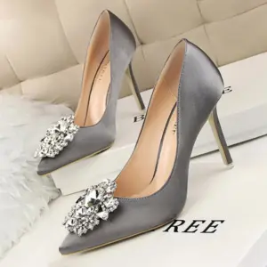 CINESSD Silver Gray Black Women Bridal Wedding Shoes Faux Silk Satin Rhinestone Crystal Shallow Woman Pumps Stiletto High Heel - AliExpress 322
