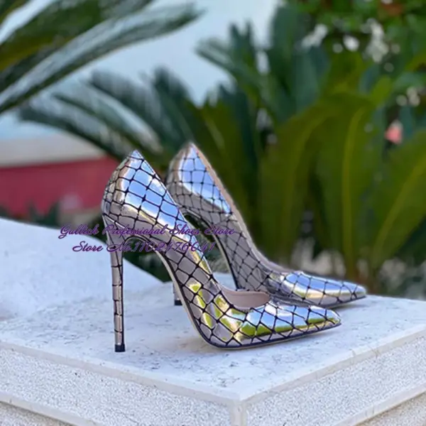 Women Gold Silver Checkered Snakeskin High Heel Shoes Metallic Shallow Cut Pointed Toe Pumps 12cm 10cm 8cm Sky High Stilettos - AliExpress 322 - Image 5