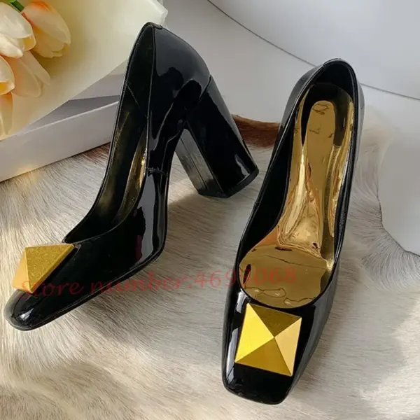 Metal Rivets Pink Women Pumps High Chunky Heels Dress Shoes Summer Square Toe Shiny Leather Pumps Fashion Office Ladies Pumps - AliExpress - Image 4