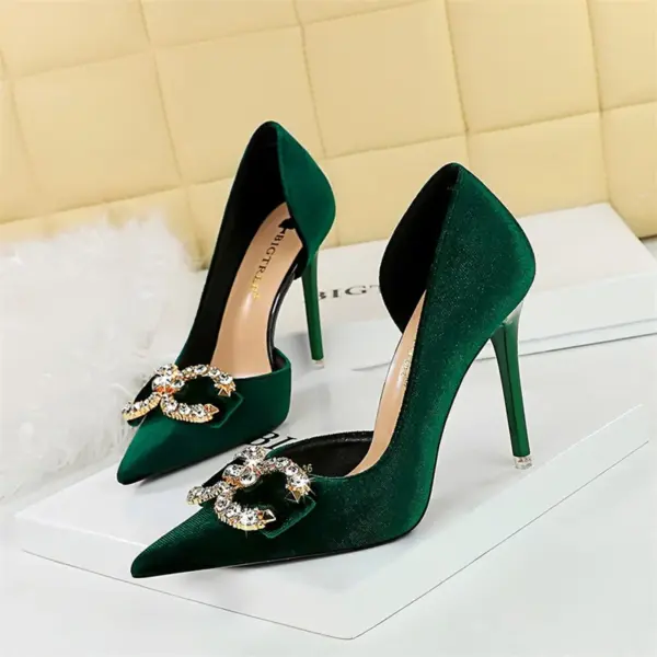 Fashion Women High Heel Rhinestone Buckle Bow Green Pink Pointed Toe Party Pumps Velvet Luxury Elegant Wedding Evening Shoes - AliExpress 322 - Image 2