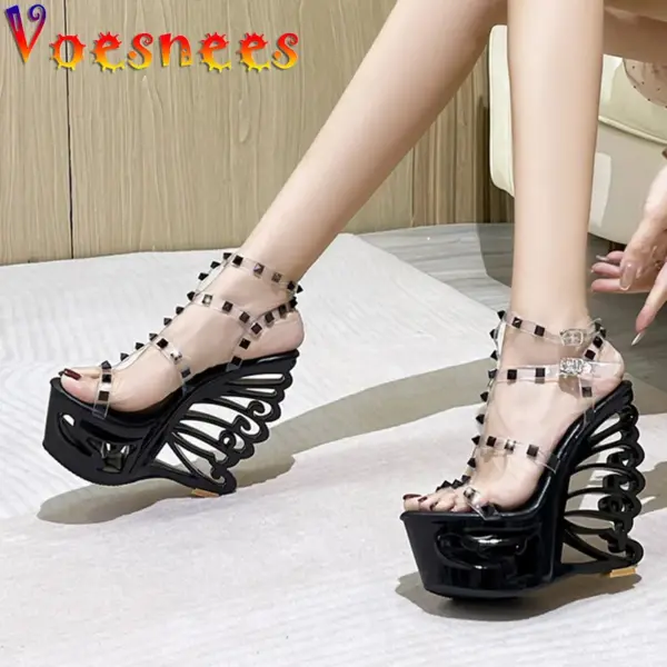 New 2022 Women's Rivet Transparent Sandals Hollow Out Wedge High Heel Shoe Silver Super High Nightclub Steel Tube Dancing Shoes - AliExpress 322 - Image 2