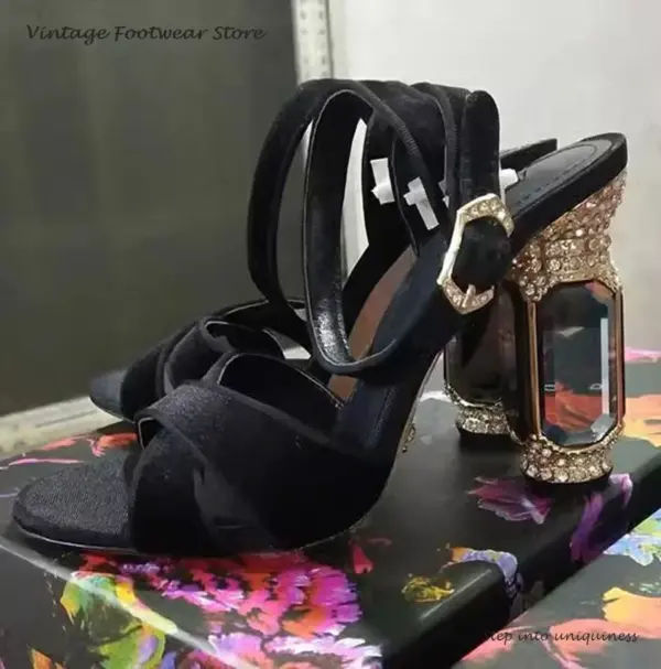 Vintage Velvet Cross Strap Modern Sandals Round Open Toe Crystal Square Heel Women's Shoes Summer Fashion Ankle Strap Sandals - AliExpress 322 - Image 4