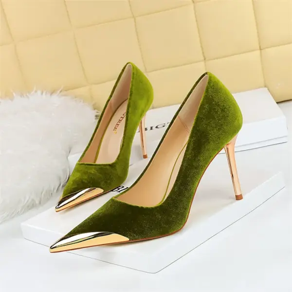 Women Fashion Comfort Suede High Heels Green Burgundy Pumps Metal Cap Pointed Toe Velvet Evening Party Office Single Shoes - AliExpress 322 - Image 3