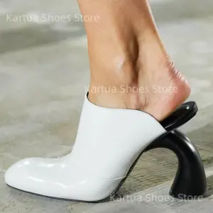 Women's Black Patent Leather Mules Square Toe Chunky High Heel Backless Shoes Slip - On Party Daily Unique Sculpted Heel Pumps - AliExpress 322
