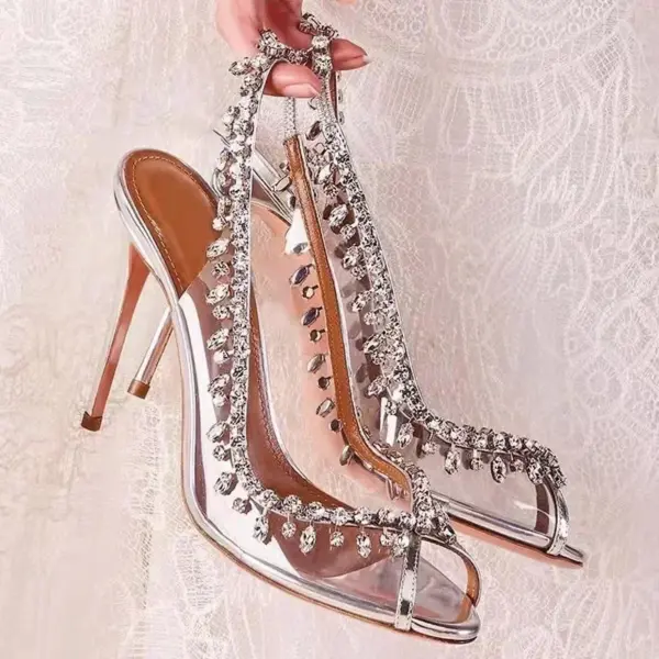 Silver Pink PVC Clear Heeled Sandals Women Pumps Sexy Rhinestones Thin High Heels Shoes Pointed Toes Party Nightclub Sandals - AliExpress 322 - Image 2