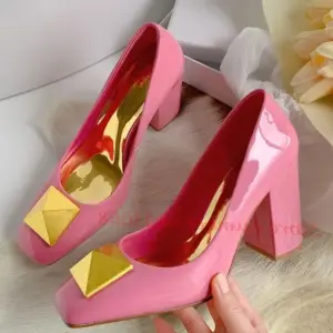 Metal Rivets Pink Women Pumps High Chunky Heels Dress Shoes Summer Square Toe Shiny Leather Pumps Fashion Office Ladies Pumps - AliExpress