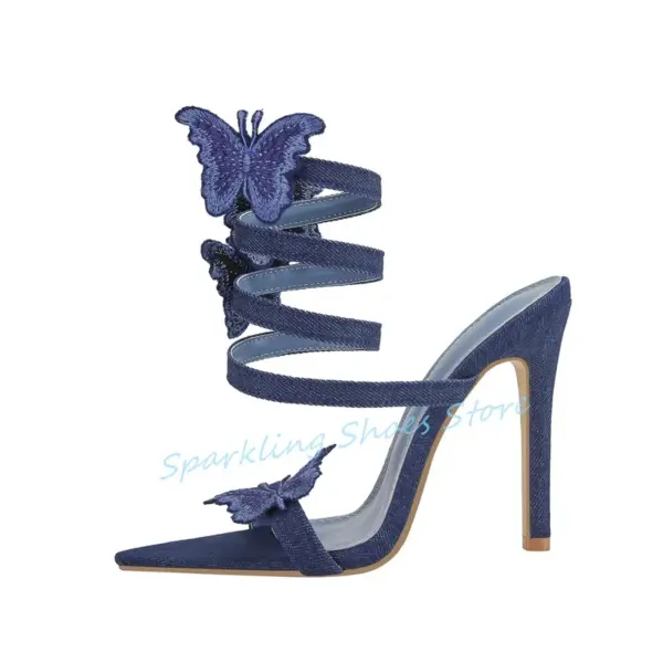 Blue Deinm Butterfly Strap Ankle wrap Women Sandals Fashion embroidery Pointed Toe High Heel Pumps Ladies Gladiator Shoes - AliExpress - Image 4