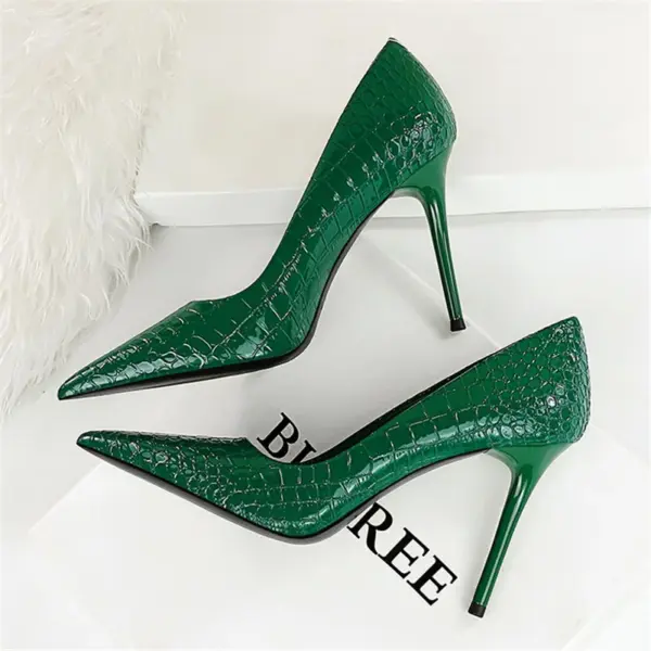 Women 10cm High Heels Stiletto Pumps Pointed Toe Green Nude Heels Office Lady Serpentine Patent Leather Wedding Party Prom Shoes - AliExpress - Image 6