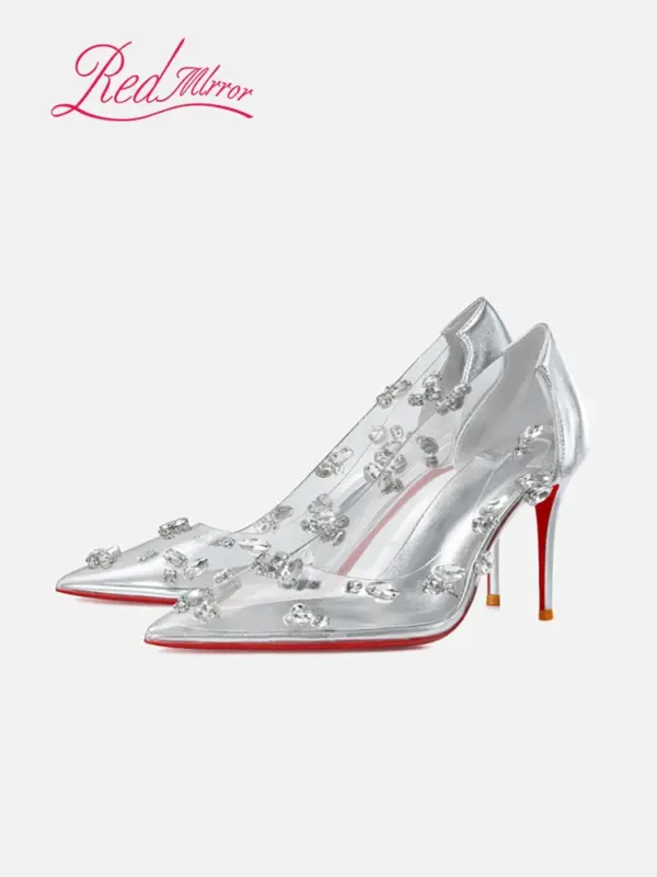 Red sole transparent pointed head sexy female stiletto high heels wedding shoes silver rhinestone crystal fairy style new 2024 - AliExpress 322 - Image 2