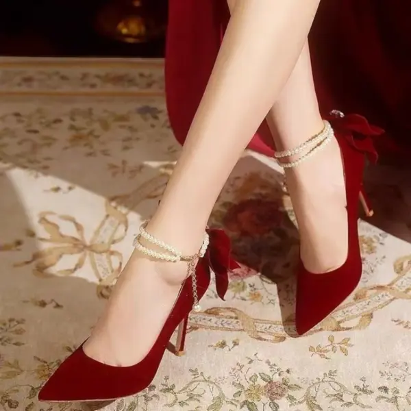 Red Xiuhe wedding shoes new pointy stiletto high heels female shallow mouth bow pearl one word buckle strap two wear bride shoes - AliExpress 322 - Image 3