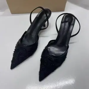 2025 New Black Woman Embroidered Mesh Open Heel Shoes Fashion Print Stiletto Women High-heel Pumps Sexy Pointed End Sandals - AliExpress