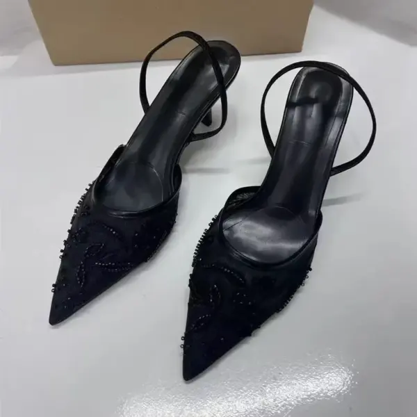 2025 New Black Woman Embroidered Mesh Open Heel Shoes Fashion Print Stiletto Women High-heel Pumps Sexy Pointed End Sandals - AliExpress