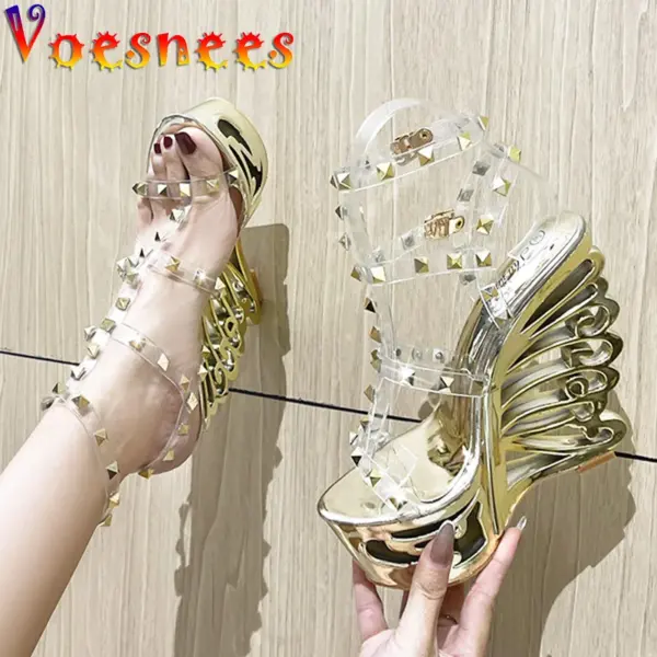 New 2022 Women's Rivet Transparent Sandals Hollow Out Wedge High Heel Shoe Silver Super High Nightclub Steel Tube Dancing Shoes - AliExpress 322 - Image 3