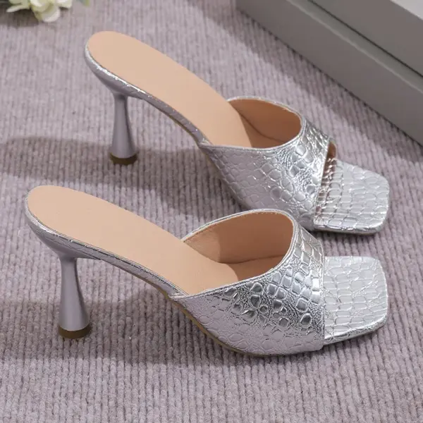 Luxury Gold Silver High Heels Sandals Women 2025 Slip On Square Toe Summer Slippers Woman Plus Size 43 Thin Heeled Party Shoes - AliExpress 322 - Image 3