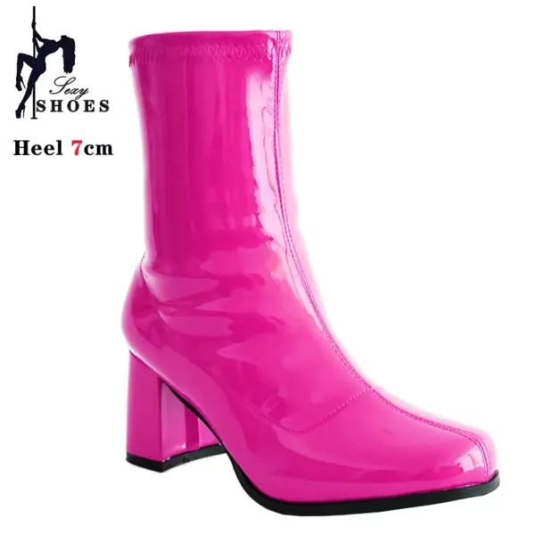 New 7cm High-heeled Cross Dressing Shoes Gogo Boots 60s 70s Square Heel Ankle Boots Sexy Round Toe Leather Zip Women Short Boots - AliExpress 322 - Image 4