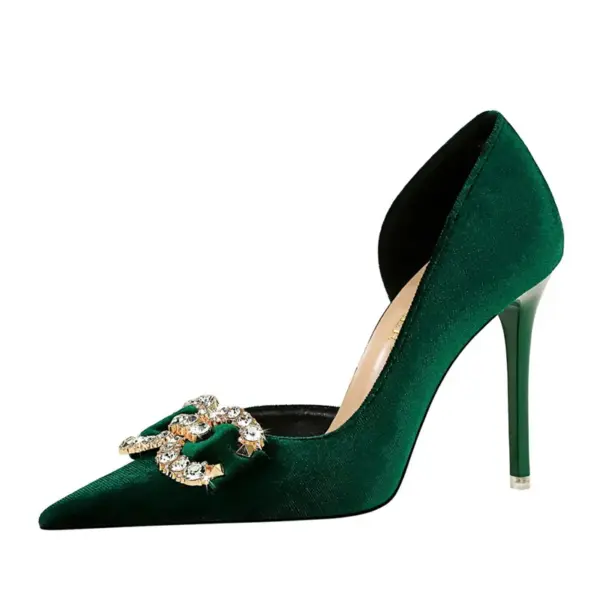 Fashion Women High Heel Rhinestone Buckle Bow Green Pink Pointed Toe Party Pumps Velvet Luxury Elegant Wedding Evening Shoes - AliExpress 322 - Image 5