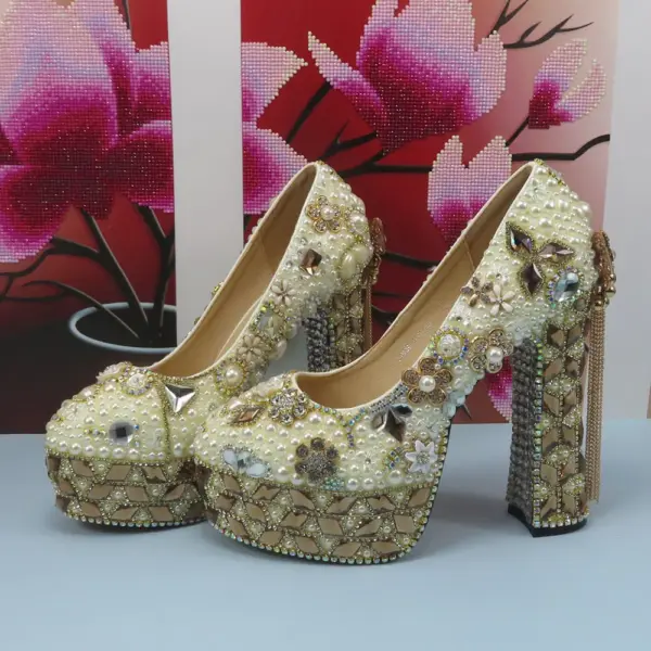 Fashion Champagne Gold Wedding Shoes and bag Set Woman 14cm High Pumps Thick Heel Party Shoes Matching Bag Round Toe Pumps - AliExpress 322 - Image 5