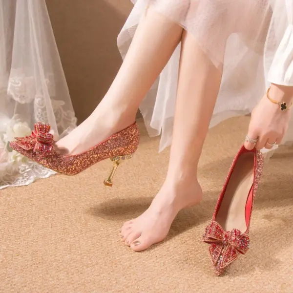 Women's Rhinestone Wedding Shoes Year Shoes Luxury Buckle Decorative Banquet Women's Shoes High Heels Gold Silver Red  Heels - AliExpress 322 - Image 3