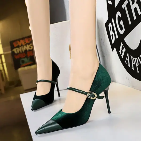 Korean Version Party 10cm 7cm High Heels Women Shoes Thin Heels Velvet Shallow Montage Pointed Toe Metal One-line Buckle Pumps - AliExpress 322 - Image 3