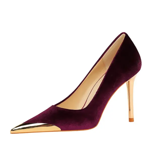 Women Fashion Comfort Suede High Heels Green Burgundy Pumps Metal Cap Pointed Toe Velvet Evening Party Office Single Shoes - AliExpress 322 - Image 5