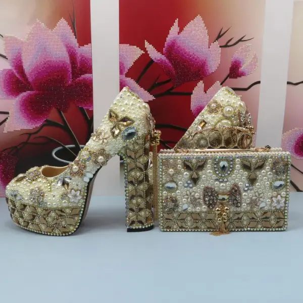Fashion Champagne Gold Wedding Shoes and bag Set Woman 14cm High Pumps Thick Heel Party Shoes Matching Bag Round Toe Pumps - AliExpress 322 - Image 4