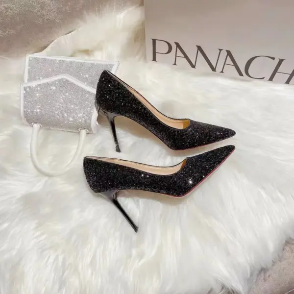 9cm Super High Heels Shoes 2025 Sequin Black Sexy Red Sole Pointed Thin Single stiletto heel shoes - AliExpress - Image 6