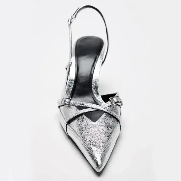 Luxury Silver Mules High Heels Women Sexy Pointed Toe Slingbacks Thin High Heels Sandals Elegant Metal Buckle Design Women Pumps - AliExpress 322 - Image 2