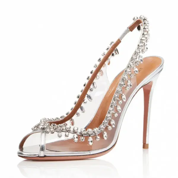 Silver Pink PVC Clear Heeled Sandals Women Pumps Sexy Rhinestones Thin High Heels Shoes Pointed Toes Party Nightclub Sandals - AliExpress 322
