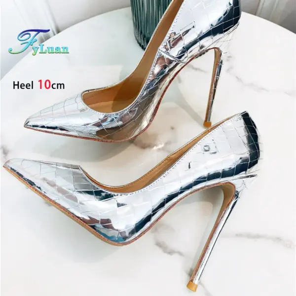 2025 New Elegant Women Pointed Silver High Heels 6CM 8CM 10CM 12CM Mirror Fashion Emboss Spring Summer Ladies Shoes Party Pumps - AliExpress 322 - Image 5