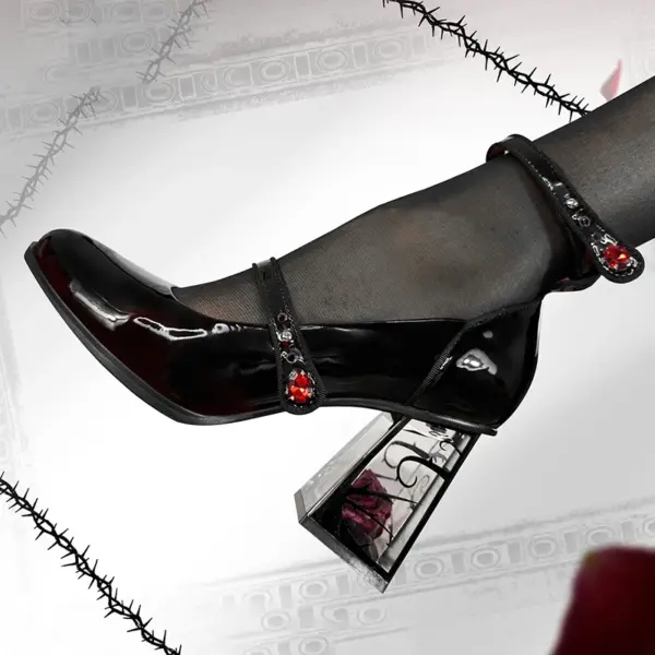 Punk Gothic High Heels Pumps Women 2024 New Rose Heeled Patent Leather Lolita Shoes Woman Y2K Ankle Straps Black Mary Jane Shoes - AliExpress - Image 5