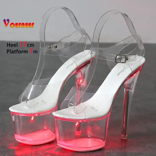17CM Stripper Heels Women Glitter Shoes Clear Heel Light-emitting PVC Platform Sandals LED Light Buckle Strap Super High Heels - AliExpress 322 - Image 6