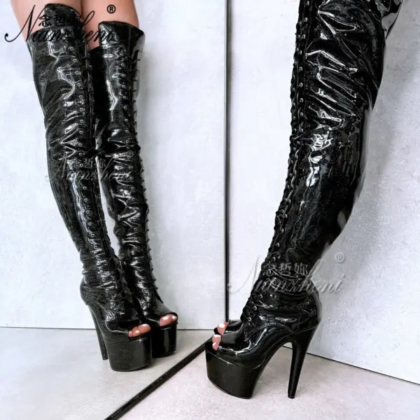 Glitter Real photos 7 inch High Heels pole Dance 17cm over the Knee Long Boots Platform Exotic Stripper Red Cross dressing Sexy - AliExpress 322 - Image 3