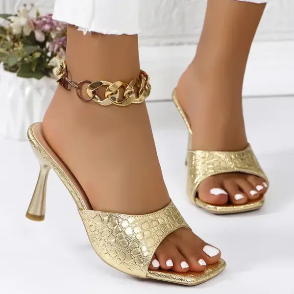 Luxury Gold Silver High Heels Sandals Women 2025 Slip On Square Toe Summer Slippers Woman Plus Size 43 Thin Heeled Party Shoes - AliExpress 322 - Image 4