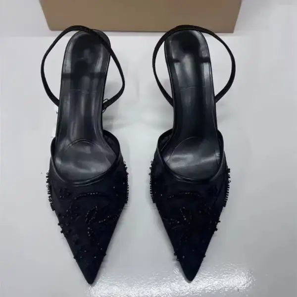 2025 New Black Woman Embroidered Mesh Open Heel Shoes Fashion Print Stiletto Women High-heel Pumps Sexy Pointed End Sandals - AliExpress - Image 3