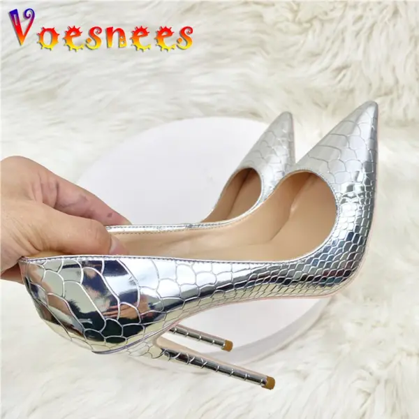 Shiny Silver Women Pumps 8CM 10CM 12CM Fashion Pointed Toe High Heels Elegant Ladies Wedding Bride Shoes Snake Print Stilettos - AliExpress 322 - Image 3